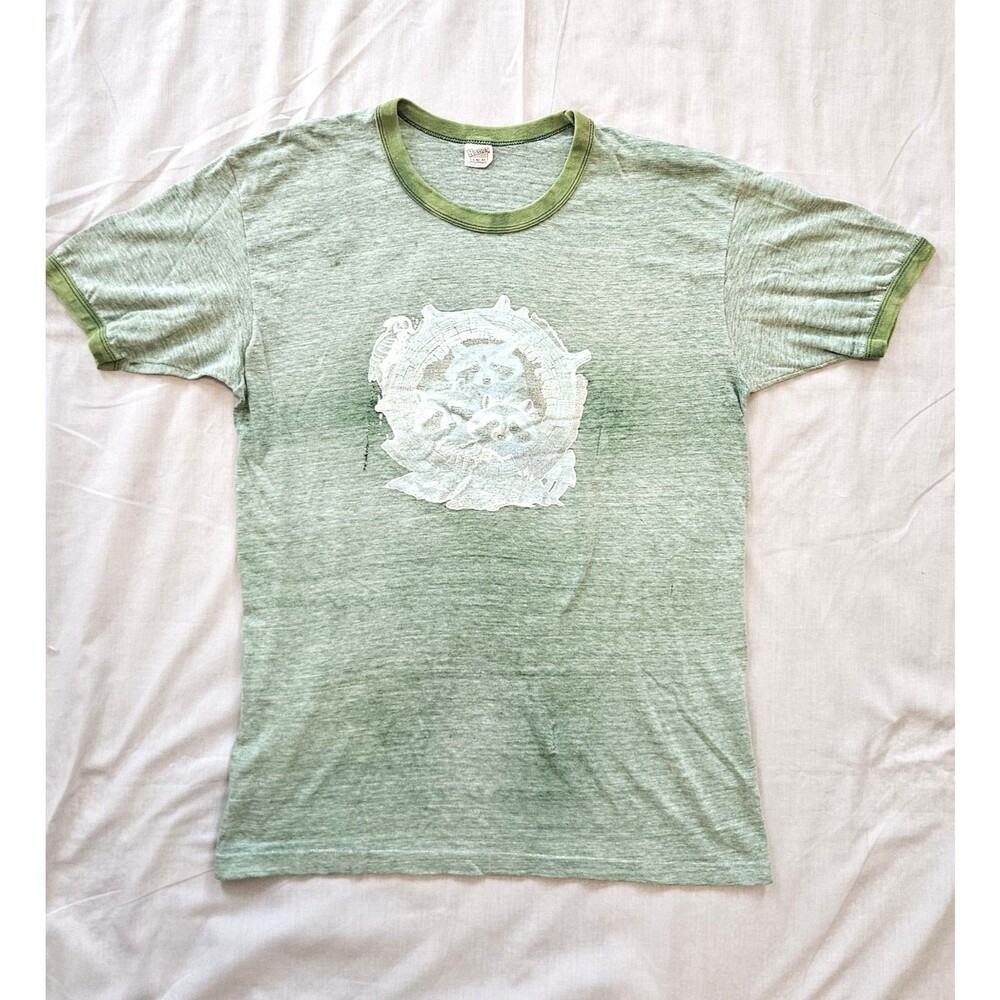 Vintage 80s Hanes Ringer Raccoon Nature Graphic T Shirt Heather Green USA L